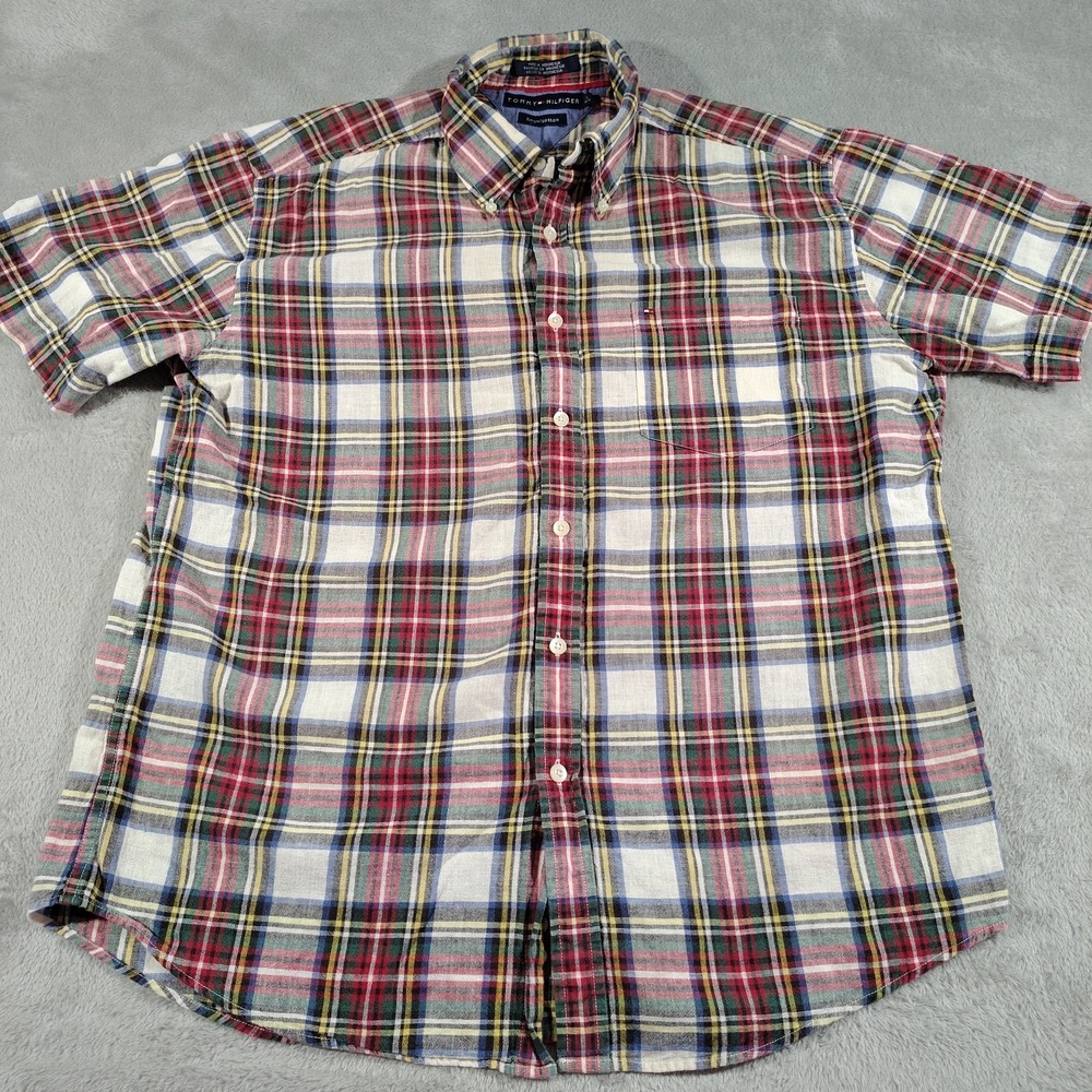 Tommy Hilfiger Linen Blend Shirt Men L Red Plaid Outdoor Farmer Short Sleeve